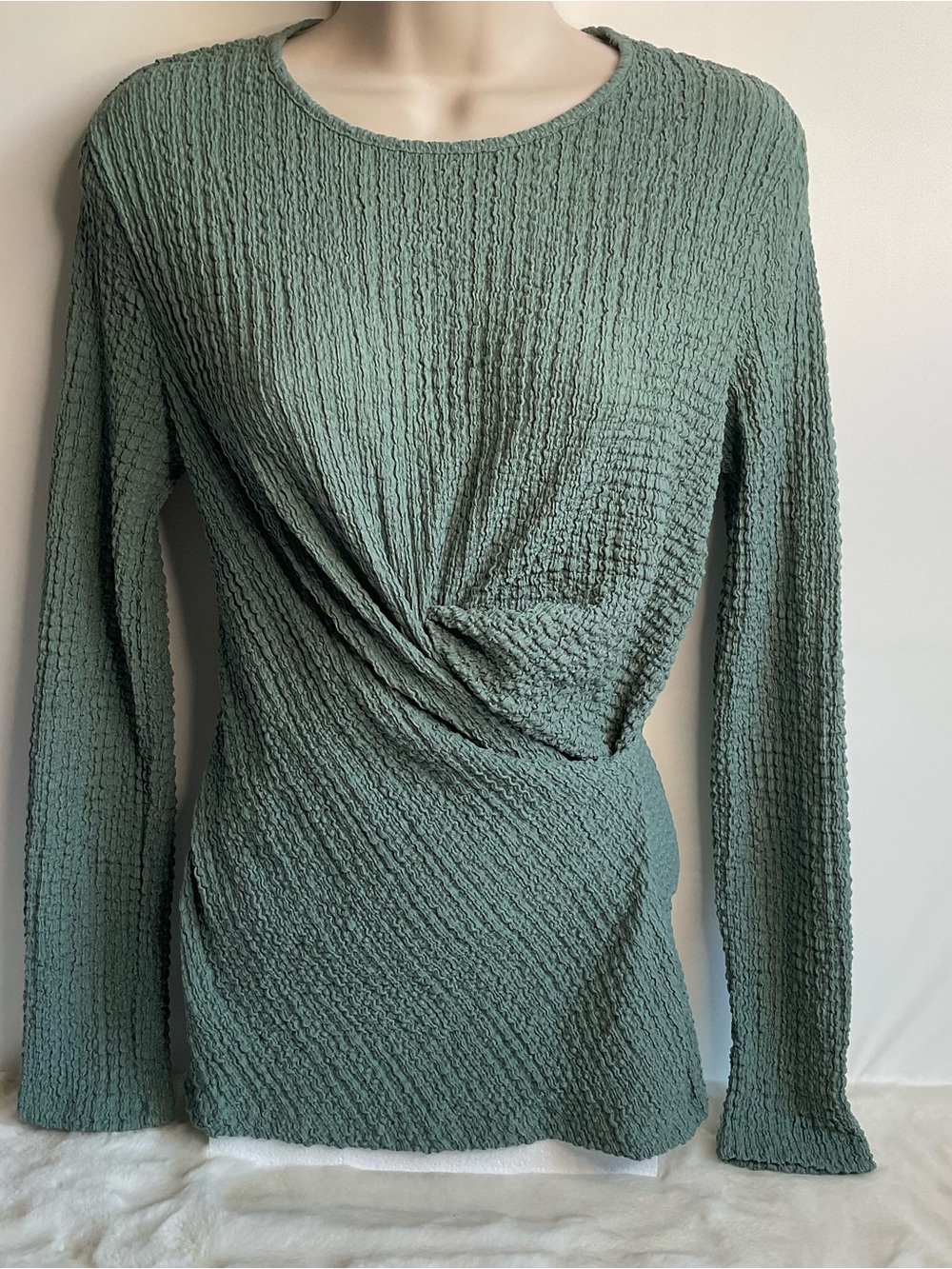 Zara Sage Green Crinkle Textured Long Sleeve Twist Front Top Size M